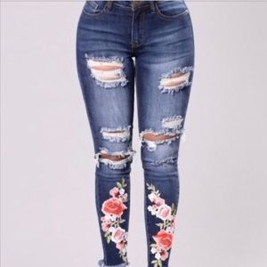 Distressed embroidered fashion nova jeans